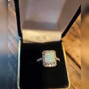 Lab Created Opal and White Zircon Ring in 14K Yellow Gold Over Sterling Silver